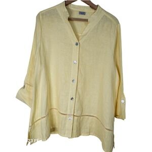 Symple NYC 100% Linen Button Up Tunic Top Women Butter Yellow 3/4 Sleeve Coastal